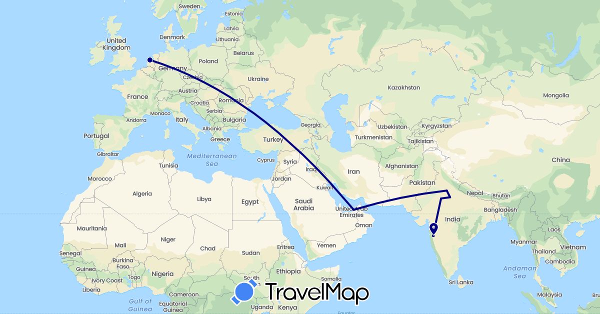TravelMap itinerary: driving in United Arab Emirates, India, Netherlands (Asia, Europe)